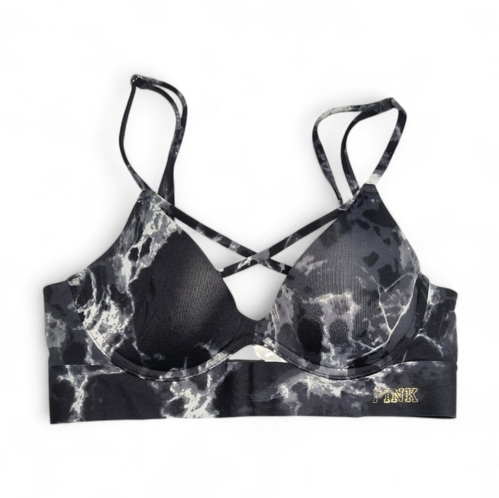 PINK Victoria's Secret Black & White Marble Patterned Push Up Underwire Bra S